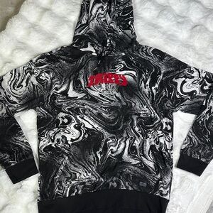Black and White Marble Hoodie with Red Logo